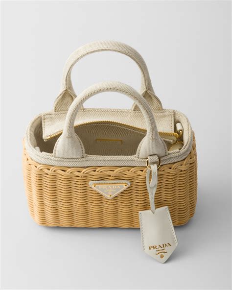 prada wicker and canvas tote|Tan/white Mini Wicker And Linen Blend Tote Bag.